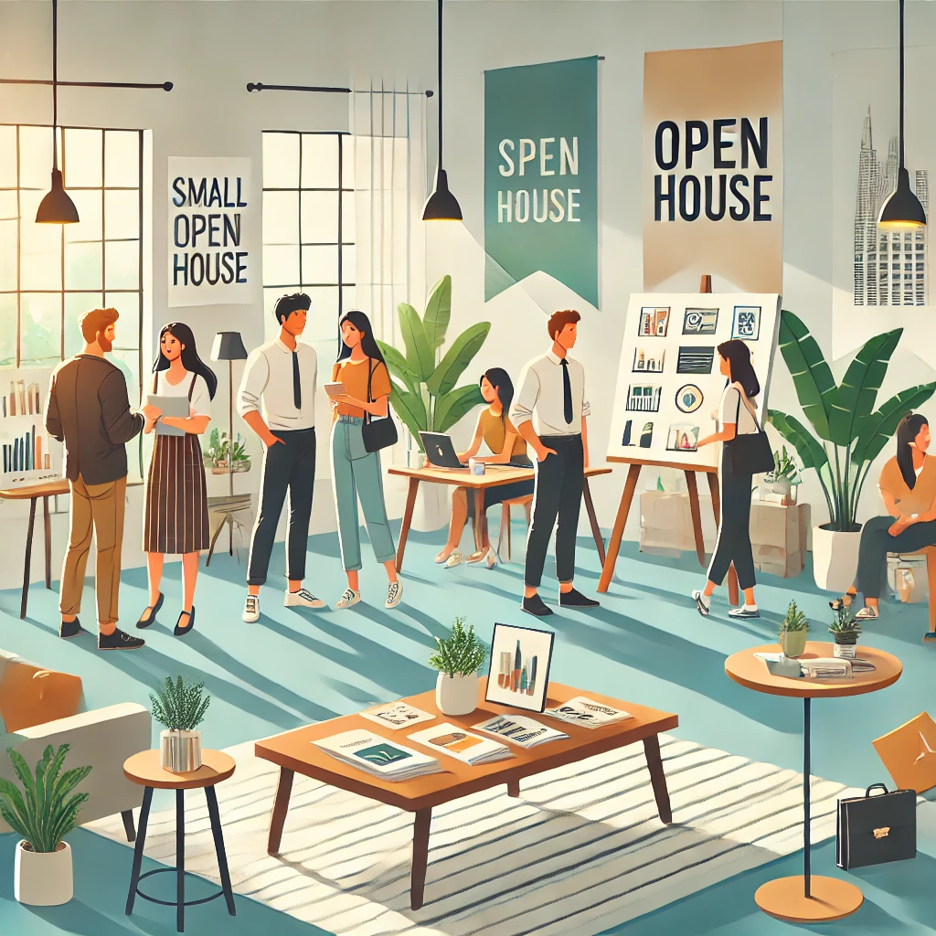 A small business open house event with a warm, welcoming setup featuring people networking.